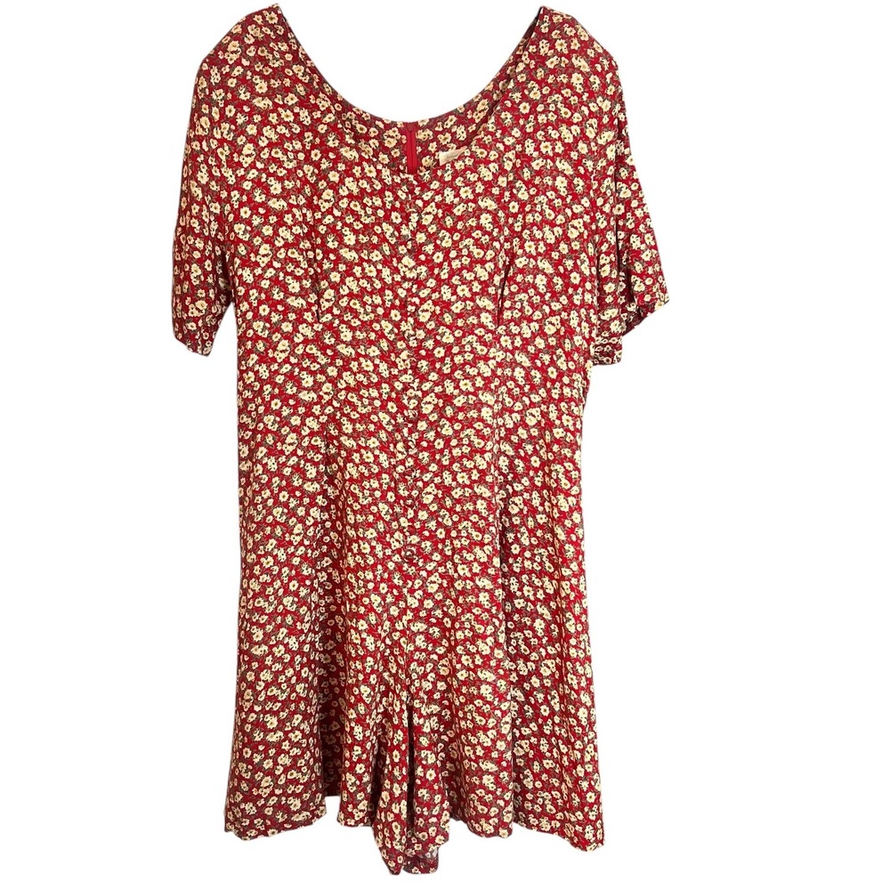 Vintage Express Red Floral Rayon Romper‎ Short Sleeve Back Tie 90s Womens Large